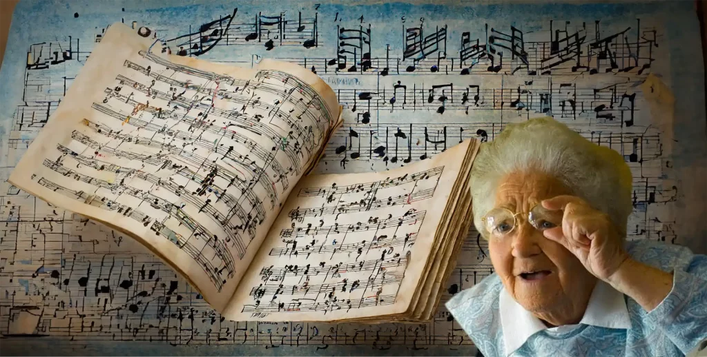 Una anciana que no sabe como leer partituras intentando leer un manuscrito fallidamente