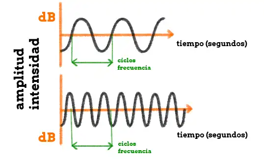 Ilustración clásica de las partes de una onda sonora, una ejemplificación visual de la cualidades del sonido