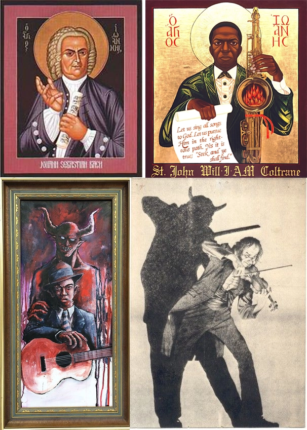 ¿Qué es la musicalidad? 2 Collage de imagenes: J.S Bach, J. Coltrane representados como santos en la parte superior, Robert Johnson y Paganini representados como diabolicos.
Atribuyendo la musicalidad de estos personajes a elementos sobrenaturales