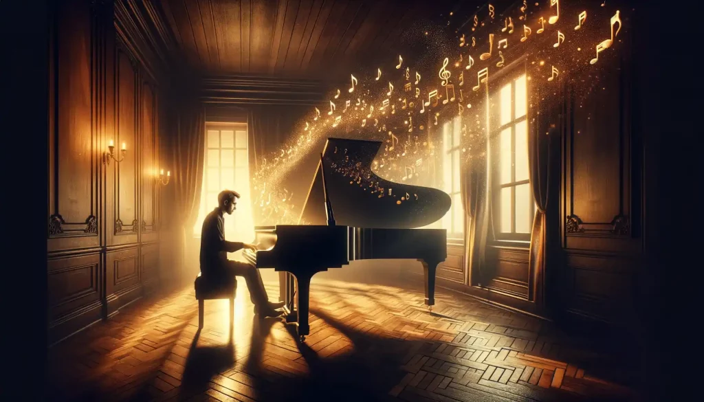 Pianista tocando en un cuarto calido con notas musicales alrededor